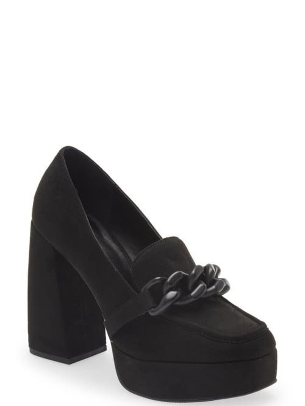 Open Edit Chunky Black Suede Platform Heels Chain Detail